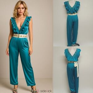 70s Vintage Lady Cameo Dallas Turquoise Lace Plunging Neckline Belted Jumpsuit M